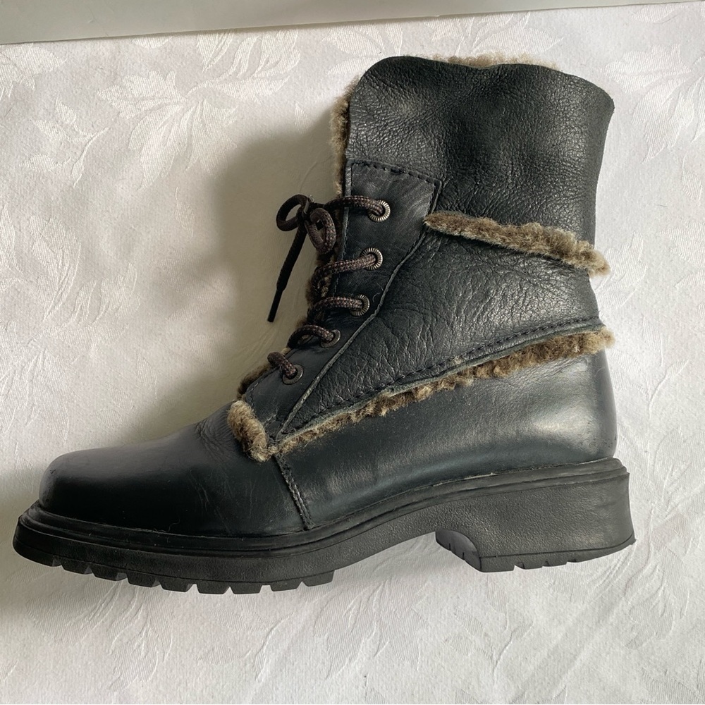 Black Leather and Natural Shearling Lace Up Square Toe Winter Boots 7M College - Picture 14 of 14